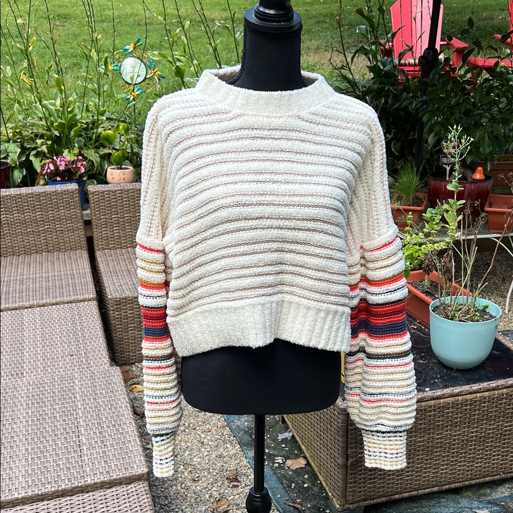 Gilded Intent Cream Sweater with Multicolor Stripes